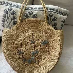 Sezane Beige Straw Tote with Blue Floral Design